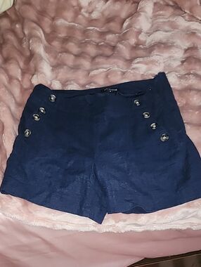 Navy High-Rise Bermuda Shorts with Button Accent